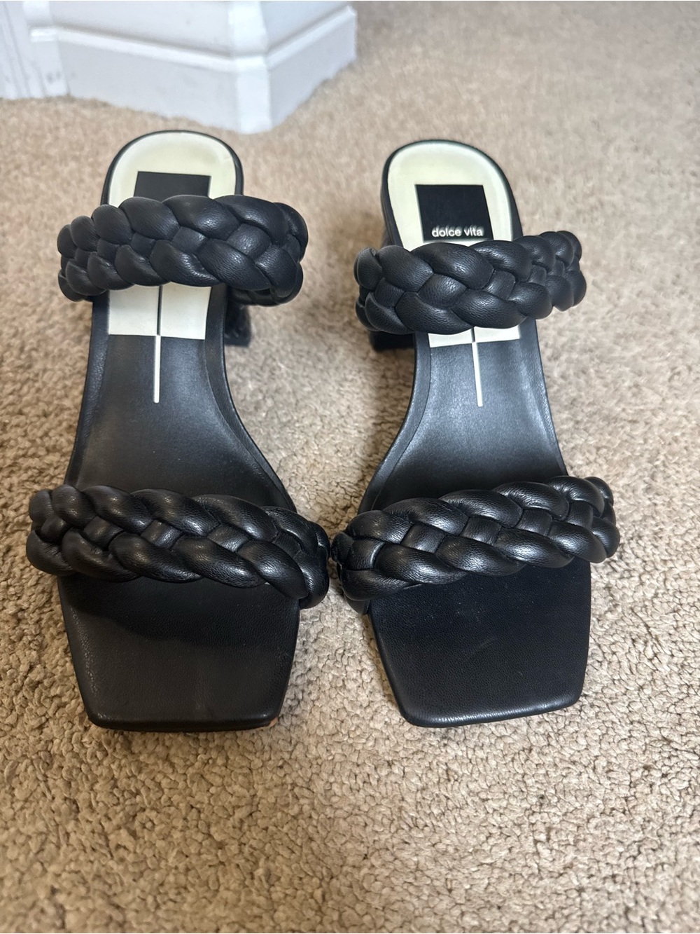 Dolce Vita Black Braided Double-Strap Block Heel Sandals. 7.5